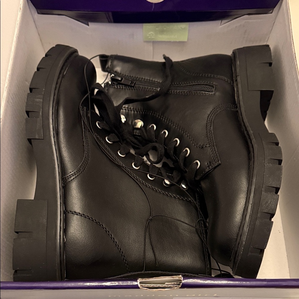 Madden Girl Black Lace-Up Combat Boots with Lug Sole